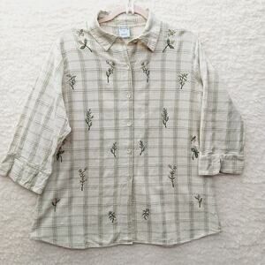 Blouse Button-Up Plaid Embroidered Cottagecore Beads Bees Boho Earthy Size XL